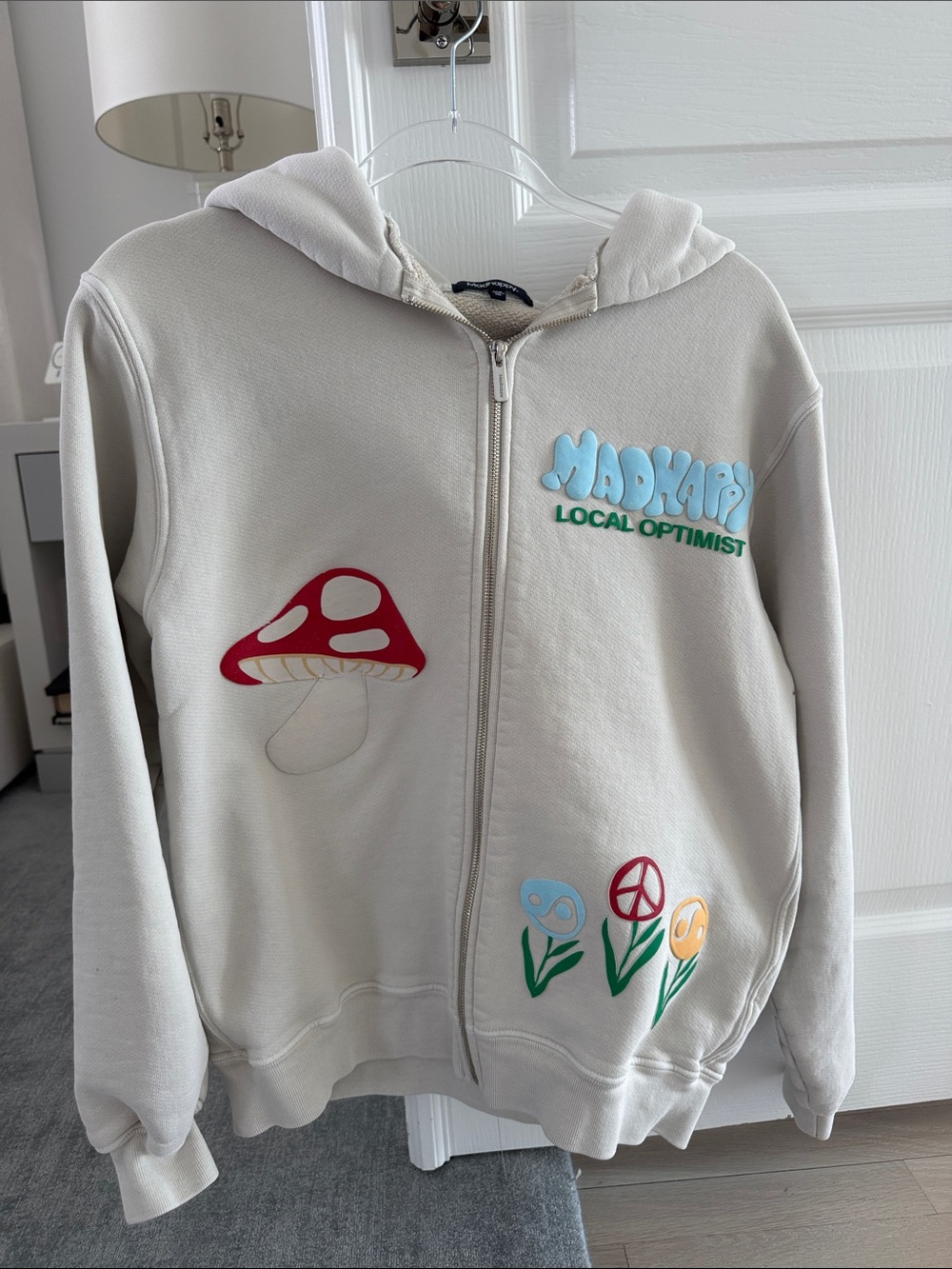Madhappy Cream Zip Hoodie with Mushroom & Flower Appliqués